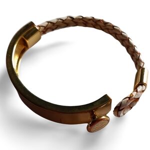 Leather Braid & Brass Gold Tone Snap Closure Layering Bracelet